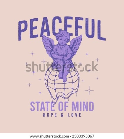 Antique angel and melting Earth globe design for slogan t-shirt. Graphics for t shirt with hand-drawn baby angel statue who sits on Earth globe that melts. Apparel print with grunge. Vector.