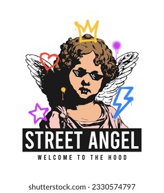 Antique angel with symbols drawn by graffiti and slogan for t-shirt design. Graphics for t shirt with hand-drawn angel and painted graffiti spray element. Street art style print for streetwear. Vector