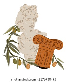 Antique Apollo god marble statue and amphora vase with olive branches, flat vector isolated on white background. Decorative elements for brand identity and olive oil packs.