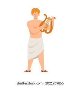 Antique Apollo god with musical harp instrument, flat cartoon vector illustration isolated on white background. Full length portrait of Apollo god of Greek mythology.