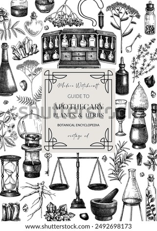 Antique apothecary frame. Hand-drawn vector illustrations. Alchemy sketches. Witchcraft background. Vintage card invitation design. NOT AI generated