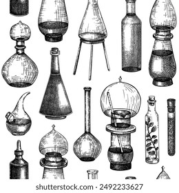 Antique apothecary glassware background. Alchemy bottles seamless pattern. Perfume bottles, vintage jars sketches. NOT AI generated