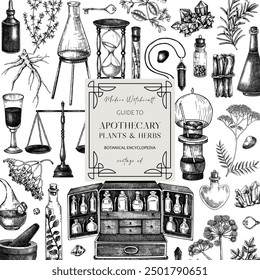 Handgezeichnete Vektorgrafiken des antiken Apothekers. Skizzen der pflanzlichen Medizin. Vintage Chemie Banner Design. KEINE AI generiert
