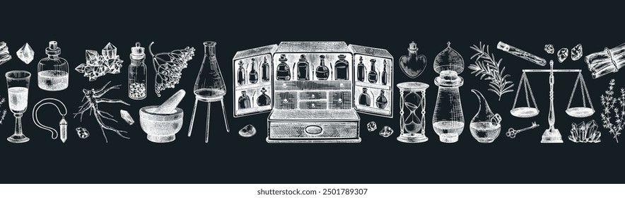 Antiguo boticario frontera sin fisuras. Antecedentes de medicina herbaria. Ilustraciones vectoriales dibujadas a mano. Bocetos de cristalería de alquimia en pizarra. NO se ha generado IA