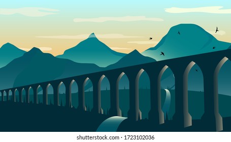 Antique aqueduct or viaduct, against the backdrop of mountains at dusk. Vector illustration. svg