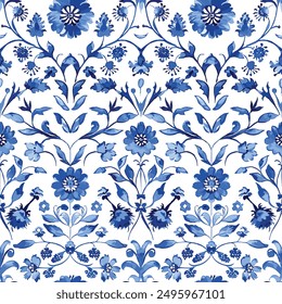 Antique Arabesque Ornament Seamless Pattern, Vintage Charm, Inspired by Floral Chinoiseries, Toile de Jouy art Victorian Baroque Art, Art Deco. Perfect for fabric, wallpaper, stationery. Blue color