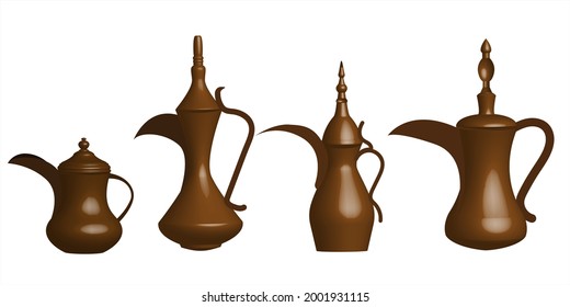 Antique arabic coffee pot.  Teapot. Dallah. Turkish coffee.
Arab coffee pot. 3D. Traditional Arabic coffee pot (dallah) isolated on white. Set.  Vector illustration.
