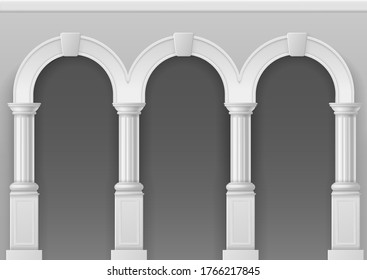 Antique arcade. Architecture arch with white stone pillars, classic roman or greek palace interior with elegant columns, castle facade vector isolated illustration