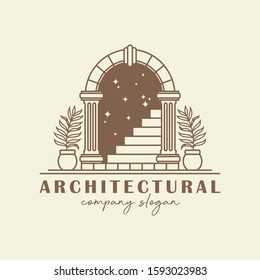 Antique arch logo template. Vintage gate vector design. Arched construction logotype