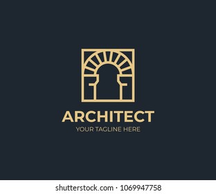 Antique arch in a square logo template. Vintage arch vector design. Arched construction logotype