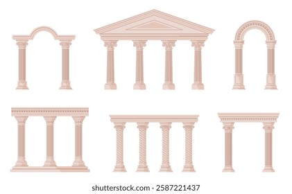 Antique arches. Ancient greek columns, marble stone classic pillars, doric, ionic, corinthian orders, architecture building elements, exterior facade, nowaday vector cartoon flat isolated set