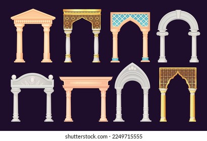 Antique arches. Architectural stone or marble arch, portal greek castle rome palace luxury facade building entrance with pillars columns, ingenious vector illustration of marble architecture stone