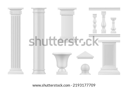 Antique architectural elements white columns set realistic vector illustration. Classical marble pillars Greek civilization building decor ancient architecture facade. Museum molding palace texture