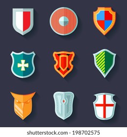 Antique army shields crest medieval heraldry flat icons set  isolated vector illustration