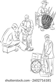 Antique Arts and Crafts hand drawn line art vector illustrations