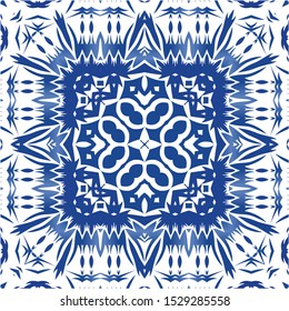 Antique azulejo tiles patchwork. Bathroom design. Vector seamless pattern poster. Blue spain and portuguese decor for bags, smartphone cases, T-shirts, linens or scrapbooking.