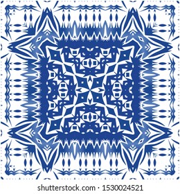 Antique azulejo tiles patchwork. Bathroom design. Vector seamless pattern poster. Blue spain and portuguese decor for bags, smartphone cases, T-shirts, linens or scrapbooking.