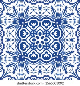 Antique azulejo tiles patchwork. Bathroom design. Vector seamless pattern poster. Blue spain and portuguese decor for bags, smartphone cases, T-shirts, linens or scrapbooking.