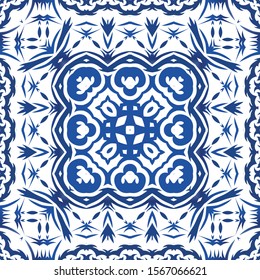 Antique azulejo tiles patchwork. Bathroom design. Vector seamless pattern poster. Blue spain and portuguese decor for bags, smartphone cases, T-shirts, linens or scrapbooking.