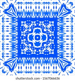 Antique azulejo tiles patchwork. Bathroom design. Vector seamless pattern poster. Blue spain and portuguese decor for bags, smartphone cases, T-shirts, linens or scrapbooking.