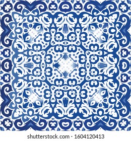Antique azulejo tiles patchwork. Bathroom design. Vector seamless pattern arabesque. Blue spain and portuguese decor for bags, smartphone cases, T-shirts, linens or scrapbooking.