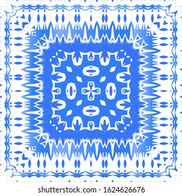 Antique azulejo tiles patchwork. Bathroom design. Vector seamless pattern poster. Blue spain and portuguese decor for bags, smartphone cases, T-shirts, linens or scrapbooking.