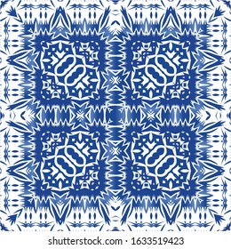 Antique azulejo tiles patchwork. Bathroom design. Vector seamless pattern poster. Blue spain and portuguese decor for bags, smartphone cases, T-shirts, linens or scrapbooking.