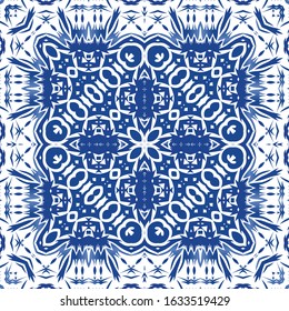 Antique azulejo tiles patchwork. Bathroom design. Vector seamless pattern poster. Blue spain and portuguese decor for bags, smartphone cases, T-shirts, linens or scrapbooking.