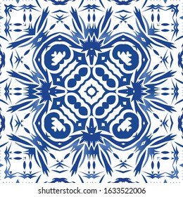 Antique azulejo tiles patchwork. Bathroom design. Vector seamless pattern poster. Blue spain and portuguese decor for bags, smartphone cases, T-shirts, linens or scrapbooking.