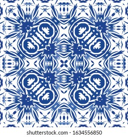 Antique azulejo tiles patchwork. Bathroom design. Vector seamless pattern poster. Blue spain and portuguese decor for bags, smartphone cases, T-shirts, linens or scrapbooking.