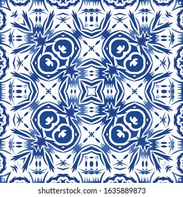 Antique azulejo tiles patchwork. Bathroom design. Vector seamless pattern poster. Blue spain and portuguese decor for bags, smartphone cases, T-shirts, linens or scrapbooking.