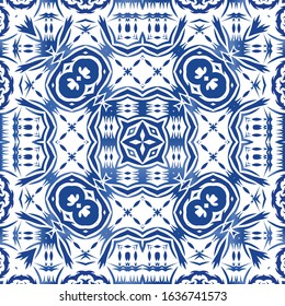Antique azulejo tiles patchwork. Bathroom design. Vector seamless pattern poster. Blue spain and portuguese decor for bags, smartphone cases, T-shirts, linens or scrapbooking.