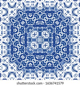 Antique azulejo tiles patchwork. Bathroom design. Vector seamless pattern poster. Blue spain and portuguese decor for bags, smartphone cases, T-shirts, linens or scrapbooking.
