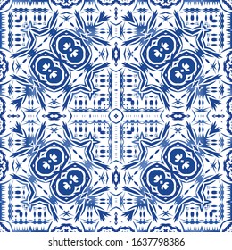 Antique azulejo tiles patchwork. Bathroom design. Vector seamless pattern poster. Blue spain and portuguese decor for bags, smartphone cases, T-shirts, linens or scrapbooking.