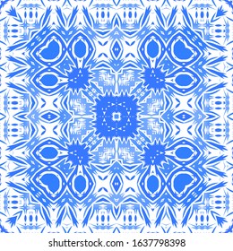 Antique azulejo tiles patchwork. Bathroom design. Vector seamless pattern poster. Blue spain and portuguese decor for bags, smartphone cases, T-shirts, linens or scrapbooking.