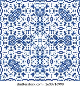 Antique azulejo tiles patchwork. Bathroom design. Vector seamless pattern poster. Blue spain and portuguese decor for bags, smartphone cases, T-shirts, linens or scrapbooking.