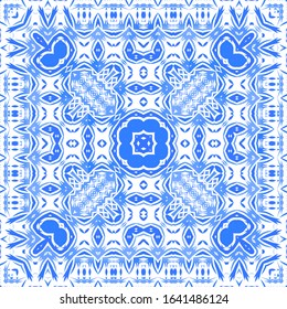 Antique azulejo tiles patchwork. Bathroom design. Vector seamless pattern poster. Blue spain and portuguese decor for bags, smartphone cases, T-shirts, linens or scrapbooking.