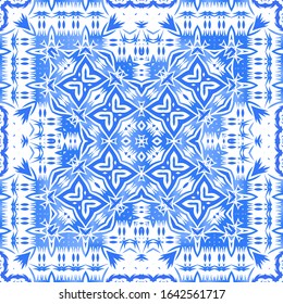 Antique azulejo tiles patchwork. Bathroom design. Vector seamless pattern poster. Blue spain and portuguese decor for bags, smartphone cases, T-shirts, linens or scrapbooking.