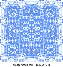 Antique azulejo tiles patchwork. Bathroom design. Vector seamless pattern poster. Blue spain and portuguese decor for bags, smartphone cases, T-shirts, linens or scrapbooking.