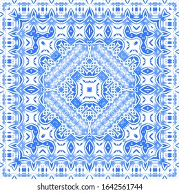 Antique azulejo tiles patchwork. Bathroom design. Vector seamless pattern poster. Blue spain and portuguese decor for bags, smartphone cases, T-shirts, linens or scrapbooking.