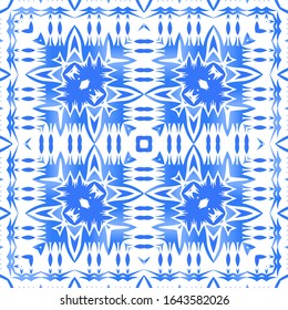 Antique azulejo tiles patchwork. Bathroom design. Vector seamless pattern poster. Blue spain and portuguese decor for bags, smartphone cases, T-shirts, linens or scrapbooking.