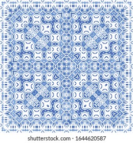 Antique azulejo tiles patchwork. Bathroom design. Vector seamless pattern poster. Blue spain and portuguese decor for bags, smartphone cases, T-shirts, linens or scrapbooking.