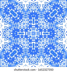 Antique azulejo tiles patchwork. Bathroom design. Vector seamless pattern poster. Blue spain and portuguese decor for bags, smartphone cases, T-shirts, linens or scrapbooking.