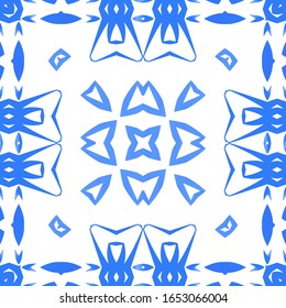 Antique azulejo tiles patchwork. Bathroom design. Vector seamless pattern poster. Blue spain and portuguese decor for bags, smartphone cases, T-shirts, linens or scrapbooking.