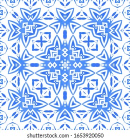 Antique azulejo tiles patchwork. Bathroom design. Vector seamless pattern poster. Blue spain and portuguese decor for bags, smartphone cases, T-shirts, linens or scrapbooking.
