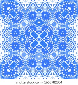 Antique azulejo tiles patchwork. Bathroom design. Vector seamless pattern poster. Blue spain and portuguese decor for bags, smartphone cases, T-shirts, linens or scrapbooking.