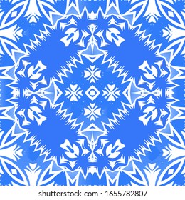Antique azulejo tiles patchwork. Bathroom design. Vector seamless pattern poster. Blue spain and portuguese decor for bags, smartphone cases, T-shirts, linens or scrapbooking.