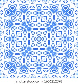 Antique azulejo tiles patchwork. Bathroom design. Vector seamless pattern poster. Blue spain and portuguese decor for bags, smartphone cases, T-shirts, linens or scrapbooking.