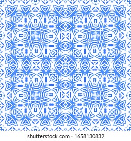 Antique azulejo tiles patchwork. Bathroom design. Vector seamless pattern poster. Blue spain and portuguese decor for bags, smartphone cases, T-shirts, linens or scrapbooking.