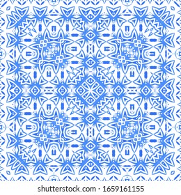 Antique azulejo tiles patchwork. Bathroom design. Vector seamless pattern poster. Blue spain and portuguese decor for bags, smartphone cases, T-shirts, linens or scrapbooking.